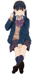 Rule 34 | &gt;:(, 1girl, black footwear, blazer, blue jacket, blue socks, blush, bow, brown cardigan, cardigan, closed mouth, collared shirt, crossed legs, duplicate, eyebrows hidden by hair, frown, full body, grey skirt, hand up, jacket, long hair, long sleeves, looking away, looking to the side, low twintails, mattaku mousuke, open clothes, open jacket, original, pixel-perfect duplicate, pleated skirt, purple bow, ribbed legwear, school uniform, shirt, shoe soles, shoes, simple background, sitting, skirt, sleeves past wrists, socks, solo, twintails, twitter username, v-shaped eyebrows, white background, white shirt