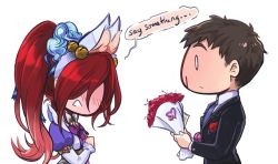 Rule 34 | 1boy, 1girl, alternate costume, animal ears, black hair, black jacket, blood, blush, bouquet, bow, bowtie, brooch, brown hair, collared shirt, dress, english text, enmaided, fake animal ears, flower, from side, garen (league of legends), grey background, holding, holding bouquet, jacket, jewelry, katarina (league of legends), league of legends, long hair, long sleeves, maid, multicolored clothes, multicolored dress, nosebleed, purple bow, purple bowtie, purple dress, shinaa (maddynshinaa), shirt, short hair, simple background, speech bubble, twintails, upper body, white dress, white shirt