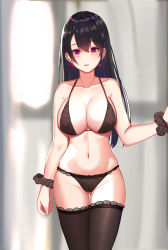 Rule 34 | 1girl, arm at side, bad id, bad pixiv id, black bra, black hair, black panties, black thighhighs, blush, bra, breasts, cleavage, collarbone, commentary request, earrings, gluteal fold, gongba laoge, hair between eyes, highres, jewelry, lace, lace-trimmed legwear, lace-trimmed panties, lace trim, large breasts, legs together, long hair, looking at viewer, navel, open mouth, original, panties, purple eyes, solo, standing, stomach, thigh gap, thighhighs, underwear, underwear only