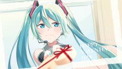 Rule 34 | 1girl, agonasubi, aqua eyes, aqua hair, aqua nails, aqua necktie, bare shoulders, black sleeves, blurry, blurry foreground, blush, commentary, detached sleeves, framed image, giving, grey shirt, hair ornament, happy valentine, hatsune miku, headphones, headset, highres, light blush, long hair, looking at viewer, md5 mismatch, nail polish, necktie, resolution mismatch, shirt, sleeveless, sleeveless shirt, smile, solo, source smaller, twintails, upper body, valentine, very long hair, vocaloid, window