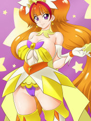 Rule 34 | 1girl, amanogawa kirara, areola slip, bare shoulders, breasts, brown hair, cameltoe, choker, cleavage, cleft of venus, covered erect nipples, cure twinkle, detached sleeves, dress, earrings, female focus, go! princess precure, highres, huge breasts, jewelry, large breasts, lento (glamour works), light smile, long hair, looking at viewer, magical girl, neck, precure, purple eyes, solo, standing, strapless, strapless dress, thighs, very long hair, yellow dress