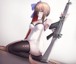 Rule 34 | 1girl, armpits, bare arms, battle rifle, blue eyes, blue ribbon, breasts, brown hair, brown thighhighs, cleavage, closed mouth, colored inner hair, commentary, dress, dutch angle, english commentary, expressionless, fal (girls&#039; frontline), fn fal, full body, girls&#039; frontline, gun, hair ribbon, highres, holding, holding gun, holding weapon, lace, lace-trimmed dress, lace trim, long hair, looking at viewer, medium breasts, multicolored hair, nine (kanine41), red hair, ribbon, rifle, seiza, side ponytail, sidelocks, sitting, sleeveless, sleeveless dress, solo, sundress, thighhighs, torn clothes, torn thighhighs, two-tone hair, very long hair, weapon, white dress, zettai ryouiki