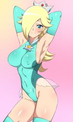 Rule 34 | 1girl, adapted costume, aqua thighhighs, armpits, arms behind head, arms up, blonde hair, blue eyes, blue gemstone, blush, breasts, covered erect nipples, covered navel, cowboy shot, crown, earrings, from side, gem, gradient background, hair over one eye, halterneck, highleg, highleg leotard, highres, jewelry, kagemusha, large breasts, legs apart, leotard, long hair, looking at viewer, mario &amp; sonic at the olympic games, mario &amp; sonic at the rio 2016 olympic games, mario (series), navel, nintendo, pink background, purple background, red gemstone, rosalina, see-through, sideboob, skin tight, smile, solo, standing, star (symbol), star earrings, super mario galaxy, thighhighs, thighs, white background, yellow background