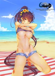 Rule 34 | 1girl, bad id, bad pixiv id, barefoot, beach, beach towel, bikini tan, body writing, breasts, brown eyes, brown hair, clothes lift, cloud, day, denim, denim shorts, female focus, fenrirr, flower wreath, groin, kneeling, large breasts, long hair, looking at viewer, naughty face, ocean, outdoors, ponytail, shirt lift, short shorts, shorts, sky, smile, solo, starfish, sweat, tan, tanline, towel, underboob, unleashed, very long hair, water