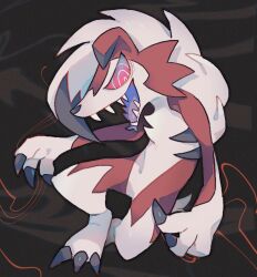 Rule 34 | 1other, akadako, animal ears, animal feet, animal hands, animal nose, bags under eyes, black background, black hair, black outline, body fur, claws, colored sclera, creatures (company), dog ears, dog tail, furry, game freak, gen 7 pokemon, lycanroc, lycanroc (midnight), multicolored hair, nintendo, one-hour drawing challenge, open mouth, other focus, outline, pokemon, pokemon (creature), red eyes, red fur, red sclera, ringed eyes, sharp teeth, snout, solo, tail, teeth, tongue, two-tone fur, two-tone hair, white fur, white hair
