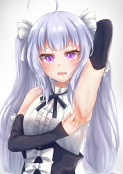 Rule 34 | 1girl, absurdres, arm behind head, arm up, armpits, assault lily, bare shoulders, black ribbon, black sleeves, blunt bangs, blush, bow, buttons, center frills, detached sleeves, frilled shirt, frilled shirt collar, frills, gradient background, grey background, grey hair, hair bow, hand up, highres, jewelry, long hair, long sleeves, looking at viewer, miriam hildegard von gropius, neck ribbon, open mouth, presenting armpit, purple eyes, raised eyebrows, ribbon, ring, school uniform, shirt, sidelocks, sleeve bow, sleeveless, sleeveless shirt, sleeves past wrists, solo, twintails, underbust, upper body, very long hair, wavy mouth, white bow, white shirt, yozakurayuyu, yurigaoka girls academy school uniform