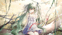Rule 34 | 1girl, absurdres, bare arms, blue butterfly, bow, branch, bug, butterfly, closed mouth, cowboy shot, dress, closed eyes, facing viewer, feet out of frame, floating hair, green hair, hatsune miku, highres, insect, light smile, log, long hair, nature, outdoors, petals, red ribbon, ribbon, shiro kanae, short dress, sitting, sleeveless, sleeveless dress, smile, solo, sundress, very long hair, vocaloid, white dress