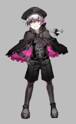 Rule 34 | 1boy, black theme, bow, braid, capelet, doll joints, fate/grand order, fate (series), full body, genderswap, genderswap (ftm), gloves, grey background, hat, joints, male focus, newo (shinra-p), nursery rhyme (fate), purple eyes, ribbon, simple background, smile, solo, standing