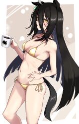 Rule 34 | 1girl, absurdres, alternate costume, animal ears, bikini, black hair, blush, border, breasts, cleavage, coffee mug, commentary request, cowboy shot, cup, earrings, gold bikini, hair between eyes, hand on own stomach, highres, holding, holding cup, horse ears, horse girl, horse tail, jewelry, long hair, looking at viewer, manhattan cafe (umamusume), mug, multicolored hair, navel, open mouth, outside border, partial commentary, raldest, side-tie bikini bottom, single earring, small breasts, solo, streaked hair, swimsuit, tail, umamusume, very long hair, white border, white hair, yellow eyes