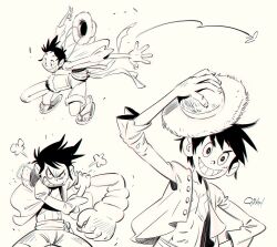 Rule 34 | 1boy, angry, artist name, black hair, commentary, english commentary, full body, greyscale, hat, highres, looking at viewer, male focus, monkey d. luffy, monochrome, one piece, quiko art, sandals, scar, scar on face, short hair, simple background, smile, straw hat, toon (style), white background