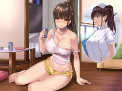 Rule 34 | 1girl, asmr, barefoot, beer can, blush, breasts, brown eyes, brown hair, can, character request, collarbone, copyright request, drink can, drunk, hair between eyes, hand rest, hat, highres, holding, holding can, imagining, large breasts, legs, long hair, looking at viewer, looking to the side, midriff, nipple slip, nipples, no bra, nurse, nurse cap, on floor, parted lips, ponytail, see-through, sengoku aky, short shorts, short sleeves, shorts, sidelocks, sitting, smile, solo, strap slip, table, tank top, thought bubble, yellow shorts