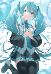 1girl, 39, :d, ahoge, aqua eyes, aqua hair, aqua neckwear, balloon, bangs, black footwear, black skirt, black sleeves, boots, collared shirt, commentary, detached sleeves, grey shirt, grin, hatsune miku, heart, heart balloon, heiwa (murasiho), highres, kneeling, long hair, long sleeves, looking at viewer, miniskirt, necktie, open mouth, own hands together, pleated skirt, shirt, simple background, skirt, smile, solo, teeth, thigh boots, thighhighs, twintails, very long hair, vocaloid, white background