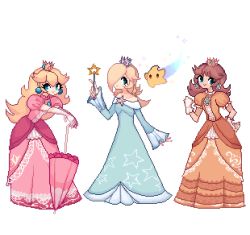 Rule 34 | 3girls, bad id, bad tumblr id, blonde hair, blue eyes, breasts, brown hair, charamells, commentary, crown, dress, earrings, english commentary, floating, full body, gloves, holding, holding umbrella, looking at viewer, luma (mario), mario (series), multiple girls, nintendo, pixel art, princess, princess daisy, princess peach, rosalina, simple background, small breasts, sphere earrings, standing, super mario galaxy, super mario land, super smash bros., umbrella, white background