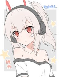 Rule 34 | 1girl, animal ears, ayanami (azur lane), ayanami (niconico) (azur lane), azur lane, bandaid, bandaid on cheek, bandaid on face, bare shoulders, blouse, blush, breasts, cleavage, collarbone, fake animal ears, grey background, hair between eyes, head tilt, headphones, long hair, off-shoulder shirt, off shoulder, ponytail, red eyes, shirt, silver hair, small breasts, solo, t-shirt, t@ke-g, translated, twitter username, upper body, white background, white shirt