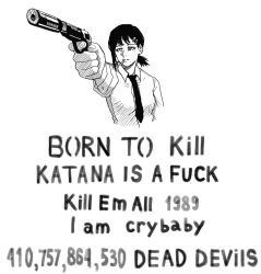 Rule 34 | 1girl, born to die world is a fuck (meme), buttoned cuffs, buttons, chainsaw man, collared shirt, english text, gun, hair ornament, hairclip, handgun, hatching (texture), higashiyama kobeni, highres, holding, holding gun, holding weapon, medium hair, meme, mole, mole on cheek, mole under eye, mole under mouth, monochrome, multiple moles, necktie, pointing gun, pointing weapon, profanity, shirt, short ponytail, side ponytail, sigma (1igmab0), simple background, single sidelock, solo, suppressor, weapon, weapon request, white background, white shirt