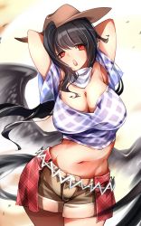 Rule 34 | 1girl, absurdres, armpit peek, arms behind head, arms up, black hair, breasts, cleavage, contrapposto, cowboy hat, cowboy shot, hat, highres, kurokoma saki, large breasts, long hair, looking to the side, midriff, navel, open mouth, raptor7, red eyes, scarf, short shorts, shorts, solo, touhou, wings