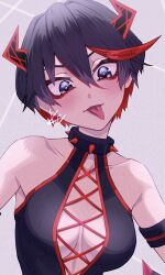 1girl :p bare_shoulders black_hair blue_eyes breasts collar collarbone grey_background highres horns kenosousaku kill_la_kill matoi_ryuuko multicolored_hair red_hair short_hair signature solo spiked_collar spikes streaked_hair tongue tongue_out two-tone_hair upper_body