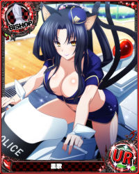 Rule 34 | 1girl, animal ears, bishop (chess), black hair, breasts, card (medium), cat ears, cat girl, cat tail, character name, chess piece, cleavage, closed mouth, crop top, female service cap, hair rings, hairband, hat, high school dxd, kuroka (high school dxd), large breasts, lipstick, long hair, looking at viewer, makeup, mini hat, motor vehicle, motorcycle, multiple tails, official art, outdoors, police, police uniform, policewoman, purple lips, skirt, slit pupils, smile, solo, source request, tail, trading card, uniform, yellow eyes