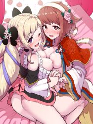 Rule 34 | 2girls, ;d, ass, black choker, blonde hair, blush, boris (noborhys), breast press, breasts, breasts out, choker, elise (fire emblem), elise (valentine) (fire emblem), embarrassed, fire emblem, fire emblem fates, fire emblem heroes, highres, long hair, looking at viewer, medium breasts, medium hair, multiple girls, nervous, nintendo, nipples, official alternate costume, one eye closed, open mouth, pink eyes, pink hair, purple eyes, sakura (fire emblem), sakura (valentine) (fire emblem), smile, sweat, symmetrical docking, twintails, very long hair
