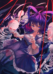 1girl, bangs, black footwear, blue dress, blue eyes, blue hair, breasts, cleavage, collarbone, commentary request, dark background, dress, dutch angle, eyebrows visible through hair, fingernails, from above, full body, glowing, glowing eyes, hair ornament, hair rings, hair stick, hands up, highres, kaku seiga, kneehighs, light smile, looking at viewer, medium breasts, murayo, perspective, petticoat, puffy short sleeves, puffy sleeves, short hair, short sleeves, skeleton, solo, standing, touhou, vest, white legwear, white vest