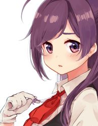 Rule 34 | 10s, 1girl, ahoge, alic miao, gloves, hagikaze (kancolle), twirling hair, kantai collection, long hair, looking at viewer, open mouth, purple eyes, purple hair, school uniform, side ponytail, simple background, solo, vest, white background, white gloves, yoi (artist)