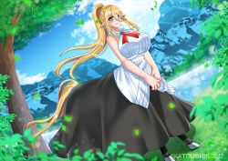 Rule 34 | 1girl, animal ears, artist name, bare shoulders, black skirt, blonde hair, blue eyes, blue sky, blush, breasts, centaur, centorea shianus, closed mouth, cloud, collared shirt, commentary, day, dutch angle, earrings, floating hair, flower, full body, grass, hair between eyes, highres, horse ears, horse tail, huge breasts, jewelry, katou shinobu, lake, long hair, long skirt, looking at viewer, monster girl, monster musume no iru nichijou, mountain, multiple legs, neck ribbon, outdoors, pointy ears, ponytail, red flower, red rose, ribbon, rose, shadow, shirt, sidelocks, skirt, sky, sleeveless, sleeveless shirt, smile, solo, standing, tail, taur, tree, very long hair, white shirt
