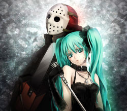 Rule 34 | aqua eyes, aqua hair, bad id, bad pixiv id, bare shoulders, chainsaw, collar, crossover, earrings, elbow gloves, gloves, hatsune miku, hockey mask, jason voorhees, jewelry, long hair, mask, microphone, microphone stand, necklace, revision, twintails, vocaloid, yamano uzura