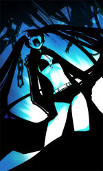 Rule 34 | 10s, 1girl, belt, bikini, bikini top only, black hair, black rock shooter, black rock shooter (character), blue eyes, blue theme, chado, chain, coat, flat chest, from below, front-tie top, glowing, glowing eyes, hatsune miku, hood, hooded jacket, jacket, long hair, midriff, monochrome, no eyes, open mouth, pale skin, short shorts, shorts, solo, swimsuit, twintails, uneven twintails, very long hair, vocaloid