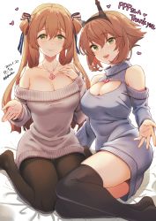 Rule 34 | 2girls, alternate costume, bed sheet, black legwear, blush, breasts, brown hair, cleavage, commentary request, commission, crossover, dated, detached sleeves, dress, girls&#039; frontline, green eyes, hair between eyes, hair ribbon, hair rings, headgear, heart, heart lock (kantai collection), highres, jewelry, kantai collection, kekocha, large breasts, lips, long hair, looking at viewer, mixed-language commentary, multiple girls, mutsu (kancolle), necklace, off shoulder, pantyhose, parted lips, ribbon, ring, short hair, sitting, skeb commission, springfield (girls&#039; frontline), striped, striped ribbon, sweater, sweater dress, thighhighs, twitter username, two side up, wedding band