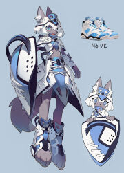 Rule 34 | 1girl, :o, absurdres, air jordan, air jordan 6, animal ear fluff, animal ears, armor, blue background, blue eyes, body fur, boobplate, breastplate, bright pupils, brown fur, chibi, chibi inset, commentary, ears through headwear, fangs, faulds, fewer digits, floating, fox ears, fox girl, fox tail, from side, full body, furry, furry female, helmet, highres, holding, holding shield, looking at viewer, multiple views, open mouth, original, pauldrons, personification, photo inset, reference inset, shield, shiiorina, shoes, short hair, shoulder armor, simple background, sneakers, symbol-only commentary, tail, toeless footwear, vambraces, white footwear, white hair, white pupils