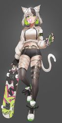Rule 34 | 1girl, animal ear fluff, animal ears, armband, belt, black gloves, black hair, black shorts, black thighhighs, breasts, blowing bubbles, cat ears, cat girl, cat tail, chewing gum, closed mouth, colored inner hair, commentary, cropped hoodie, cross-laced footwear, ear piercing, english commentary, eyebrow piercing, fingerless gloves, fishnet thighhighs, fishnets, full body, gloves, green eyes, green hair, green nails, grey background, highres, hood, hoodie, kiritzugu, leg tattoo, long sleeves, looking at viewer, medium breasts, midriff, multicolored hair, nail polish, navel, original, piercing, shoes, short hair, short shorts, shorts, silver hair, simple background, skateboard, skindentation, sneakers, solo, spray can, spray paint, standing, standing on one leg, tail, tattoo, thigh strap, thighhighs, thighs, white belt, white footwear, white hoodie