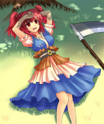 Rule 34 | 1girl, blue door, female focus, grass, hair bobbles, hair ornament, lying, on back, onozuka komachi, outdoors, red eyes, red hair, scythe, shade, short hair, solo, touhou, tree, tree shade, twintails, two side up, under tree