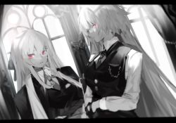 Rule 34 | 2girls, alternate costume, arm across waist, black bow, black gloves, bow, breasts, buttons, chain, collared shirt, crossed bangs, curtains, girls&#039; frontline, gloves, greyscale, hair between eyes, hair ornament, hairclip, iws 2000 (girls&#039; frontline), jacket, letterboxed, long hair, looking at viewer, monochrome, multiple girls, necktie, ntw-20 (girls&#039; frontline), parted lips, pink eyes, ran (bukeranwu), red eyes, ribbon, shirt, very long hair, vest, window