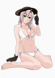 Rule 34 | 1girl, ahoge, arm support, barefoot, bikini, black gloves, black hat, breasts, cleavage, collarbone, commentary request, front-tie top, gloves, green eyes, grey background, grey hair, hair tie, hat, kantai collection, kinugasa (kancolle), large breasts, navel, ojipon, side-tie bikini bottom, simple background, sitting, skindentation, solo, swimsuit, wariza, white bikini