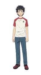 Rule 34 | 1boy, black hair, blue eyes, denim, full body, hanagaki takemichi, jeans, looking at viewer, messy hair, official art, pants, raglan sleeves, shirt, shoes, sneakers, solo, straight-on, t-shirt, tachi-e, tokyo revengers, transparent background