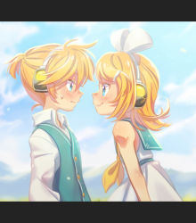 Rule 34 | 1boy, 1girl, aqua collar, aqua jacket, bare shoulders, blonde hair, blue eyes, blurry, blurry background, blush, bow, brother and sister, dress, face-to-face, grasslands, hair bow, hair ornament, hairclip, headphones, highres, hill, jacket, kagamine len, kagamine rin, leaning forward, looking at another, nervous, profile, sailor collar, sailor dress, short hair, short ponytail, siblings, sleeveless, sleeveless dress, sleeveless jacket, smile, twins, ukata, vocaloid