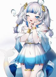 Rule 34 | 1girl, absurdres, ancient greek clothes, bad id, bad pixiv id, bare shoulders, blue eyes, blue hair, blunt bangs, bracelet, bubble, commentary, fang, fins, fish tail, gawr gura, gawr gura (party dress), gold bracelet, greco-roman clothes, highres, hololive, hololive english, jewelry, laurel crown, looking at viewer, multicolored hair, official alternate costume, one eye closed, open mouth, rima (0136), shark tail, shawl, sidelocks, silver hair, simple background, skin fang, smile, solo, standing, streaked hair, tail, twintails, virtual youtuber, white background