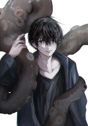 Rule 34 | 1boy, absurdres, black hair, black shirt, chainsaw man, collarbone, grey hoodie, hair over one eye, highres, hood, hoodie, looking at viewer, male focus, mole, mole under mouth, multiple piercings, octopus devil (chainsaw man), parted lips, qii yu, shirt, short hair, simple background, smile, solo, tentacles, white background, yoshida hirofumi