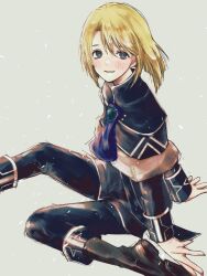 Rule 34 | 1boy, arm support, ascot, black footwear, blonde hair, blue ascot, blue capelet, blue eyes, blush, boots, capelet, child, commentary request, dimitri alexandre blaiddyd, fire emblem, fire emblem: three houses, fur-trimmed capelet, fur trim, highres, hk 539099410, leggings, looking up, male focus, nintendo, outstretched leg, sleeve cuffs, smile, solo, tareme, teeth, thigh boots, white fur