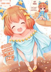 Rule 34 | !, 1girl, blend s, blush, blush stickers, bow, brown hair, child, collarbone, couch, covered mouth, dress, closed eyes, female focus, floor, from above, full body, hair bow, hair ornament, happy, hard-translated, highres, hoshikawa mafuyu, jitome, kirara fantasia, knees up, long sleeves, minato ojitan, on couch, open mouth, sitting, solo, standing, star (symbol), star hair ornament, stuffed animal, stuffed toy, teeth, text focus, third-party edit, translated