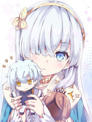 Rule 34 | ^^^, 1girl, anastasia (fate), black footwear, black shirt, blue cloak, blue eyes, blush, brown hair, brown hairband, character doll, cloak, closed mouth, commentary request, crown, doll, fate/grand order, fate (series), fur-trimmed jacket, fur trim, grey jacket, hair ornament, hair over one eye, hairband, head tilt, holding, holding doll, jacket, kadoc zemlupus, leaf hair ornament, long hair, looking at viewer, mini crown, pants, rioshi, shirt, silver hair, snowflakes, solo, sweat, very long hair, white pants, yellow eyes