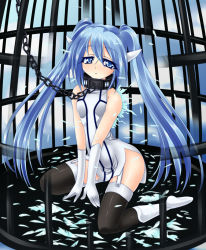 Rule 34 | 00s, 1girl, bad id, bad pixiv id, blue eyes, blue hair, cage, chain, chain leash, collar, elbow gloves, feathers, gloves, leash, matching hair/eyes, nymph (sora no otoshimono), slave, solo, sora no otoshimono, thighhighs, twintails, uni (hyper potato), viewer holding leash, white gloves