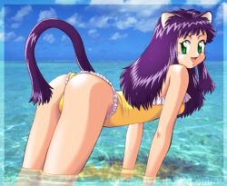 Rule 34 | 1girl, akira m, all fours, animal ears, ass, breasts, cat ears, cat girl, cat tail, cloud, from behind, green eyes, long hair, looking at viewer, looking back, medium breasts, ocean, one-piece swimsuit, open mouth, purple hair, sky, smile, swimsuit, tail, water, whiskers, yellow one-piece swimsuit