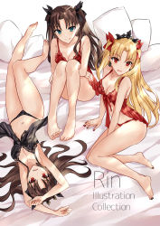 Rule 34 | 3girls, arms up, asle, babydoll, bare arms, bare legs, bare shoulders, barefoot, bed sheet, black nails, black panties, black ribbon, blonde hair, blue eyes, blush, breasts, brown hair, cleavage, collarbone, commentary request, cover, cover page, earrings, english text, ereshkigal (fate), fate/grand order, fate/stay night, fate (series), female focus, hair ribbon, hugging own legs, ishtar (fate), jewelry, knees up, lingerie, long hair, lying, medium breasts, multiple girls, multiple persona, nail polish, negligee, panties, parted bangs, pillow, red eyes, red panties, red ribbon, ribbon, sitting, tiara, toenail polish, toenails, tohsaka rin, two side up, underwear, very long hair
