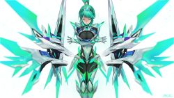 Rule 34 | 1girl, armor, badluck, breasts, character name, cleavage, closed eyes, green hair, highres, large breasts, long hair, nintendo, pneuma (xenoblade), ponytail, sidelocks, smile, solo, spoilers, swept bangs, xenoblade chronicles (series), xenoblade chronicles 2