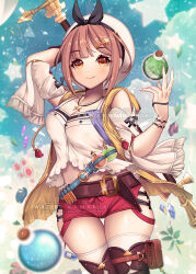 Rule 34 | 1girl, atelier (series), atelier ryza, belt, beret, bottle, breasts, brown eyes, brown hair, closed mouth, cloud, curvy, detached sleeves, dot nose, dress shirt, eyebrows, eyelashes, hair ornament, hairclip, hat, jewelry, kamaniki, leather, leather belt, matching hair/eyes, medium breasts, necklace, potion, red shorts, reisalin stout, shirt, short hair, short shorts, shorts, sky, solo, standing, star (symbol), tagme, test tube, thighhighs, watermark