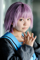 Rule 34 | cardigan, cosplay, maisaki ririka (model), nagato yuki, photo (medium), purple hair, sailor, school uniform, serafuku, suzumiya haruhi no yuuutsu