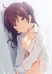 Rule 34 | 1girl, ahoge, blouse, breasts, cleavage, closed mouth, dress shirt, dutch angle, hagikaze (kancolle), hair between eyes, head tilt, kantai collection, large breasts, long hair, looking at viewer, lying, nagami yuu, naked shirt, on side, open clothes, open shirt, purple eyes, purple hair, shirt, smile, solo, white shirt