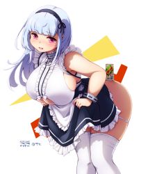 Rule 34 | 1girl, apron, azur lane, black hairband, black ribbon, blue hair, blue panties, bow, breasts, can, center frills, character name, clothes lift, clothing cutout, copyright name, curvy, deto, dido (azur lane), dress, dress lift, frilled apron, frilled dress, frills, hairband, highres, huge breasts, light blue hair, long hair, looking at viewer, maid, maid apron, object on ass, open mouth, panties, panty pull, pink eyes, ribbon, skindentation, solo, thick thighs, thighhighs, thighs, twitter username, underboob, underboob cutout, underwear, white apron, white background, white bow, white thighhighs