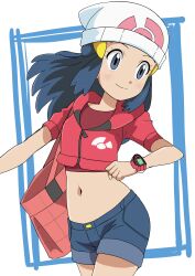 Rule 34 | 1girl, absurdres, alternate costume, bag, beanie, black hair, blush, clenched hand, closed mouth, commentary request, cowboy shot, creatures (company), cropped jacket, dawn, dawn (pokemon), eyelashes, game freak, grey eyes, hainchu, hat, highres, jacket, long hair, looking to the side, navel, nintendo, pink jacket, pokemon, pokemon (anime), pokemon journeys, poketch, red shirt, shirt, short sleeves, shorts, sidelocks, smile, solo, split mouth, watch, white background, white hat, wristwatch